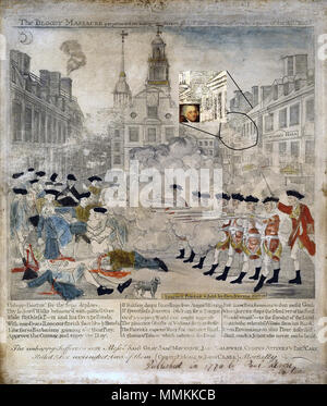 . 9 April 2012, 00:29:58. Edited by Na'ven Goodkarma - Engrav'd Printed & Sold by Paul Revere Boston. The print was copied by Revere from a design by Henry Pelham for an engraving eventually published under the title 'The Fruits of Arbitrary Power, or the Bloody Massacre,' of which only two impressions could be located by Brigham. Revere's print appeared on or about March 28, 1770. 93 Boston Massacre high res Hidden John Adams picture Stock Photo