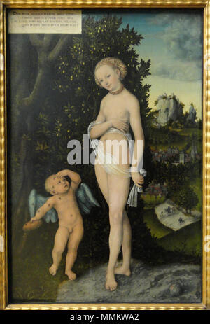 . Statens Museum for Kunst, Copenhagen, Denmark. Photography was permitted without restriction of all artworks old enough to be in the public domain. This artwork is in the public domain because its creator died more than 100 years ago.  Venus and Cupid, the Honey Thief. 1530. Venus with Cupid Stealing Honey by Lucas Cranach the Elder - Statens Museum for Kunst - DSC08153 Stock Photo