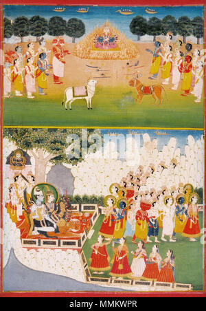 . English: Gods offering weapons to Devi. Jaipur, ca. 1800, National Museum New Delhi  . 27 May 2012, 16:03:44. anonimus 5 Gods offering weapons to Devi. Jaipur, ca. 1800, National Museum New Delhi (2) Stock Photo