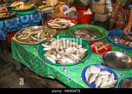 Chiang Mai, Thailand - August 5, 2011: Different kind of fishes,crustaceans and shellfishes in the famous Sunday night market in town Stock Photo