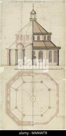 .  Nederlands: Titel catalogus Leupe (NA): Project van een nieuw te maken Nederduytse kerk. Gerestaureerd, de achterkant is beplakt met papier. In de catalogus Leupe is bijgeschreven een verwijzing naar folio 5681 in de band OBP, alsmede dat de kerk in 1747 is gebouwd. Notities verso: Project van een Nieuw te Maakene Neederduijtsche kerk / Behoort by de overgekomen Brieven en papieren van Batavia 1733 10 deel. English: According to the Leupe catalogue (NA), the original title reads: Project van een nieuw te maken Nederduytse kerk. Restored, the reverse has been strengthened with paper. An addi Stock Photo