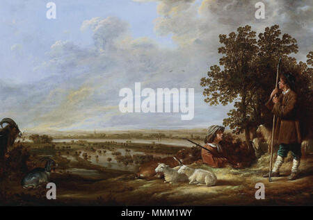 Dutch: Landschap met twee herders en hun dieren; op de achtergrond gezicht op overstroomde uiterwaarden van een rivier Flooded river landscape with two shepherds and their flock of sheep and goats. Probably 1646-1647. Aelbert Cuyp - Landschap met twee herders en hun dieren Stock Photo