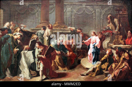 English: Christ Among the Doctors. Oil on canvas. In its patchy distribution of light and shade the painting reveals the influence of Kern’s teacher Pittoni. This scene from the Life of Jesus was probably part of a cycle. Where the cycle was painted, if at all, remains a mystery, as do the whereabouts of the other paintings. Deutsch: Jesus unter den Schriftgelehrten. Im Gemälde ist der Einfluss von Kerns Lehrer Pittoni in der fleckigen Verteilung von Licht und Schatten offensichtlich. Die Szene aus dem Leben Jesu gehörte wohl zu einem Zyklus. Ob und wo dieser ausgeführt wurde, ist ebenso offen Stock Photo