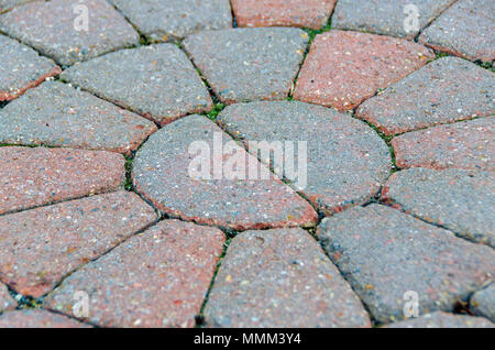 An abstract closeup photo of the circular centre of a brick pavement. Grass shoots grow in the gaps between the sectors made of coloured bricks. Stock Photo