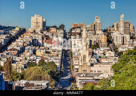 San Francisco cityscape, with Saints Peter and Paul Church, and Filbert Street. Stock Photo