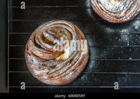 Cupcake pie crunch in the form of a roll sprinkled with powdered sugar on a dark background and an antique grille. Easter and Christmas baking. Top vi Stock Photo