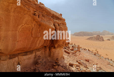 Composite panorama of high resolution aerial photos of a monolithic mountain in the central area of the desert reserve of Wadi Rum, Jordan, middle eas Stock Photo