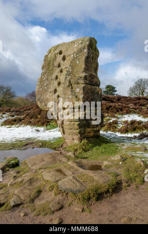 Cork Stone on Stanton Moor is a cork shaped natural feature. The sandstone pillar has weathered to it’s current shape through the centuries. The stone Stock Photo