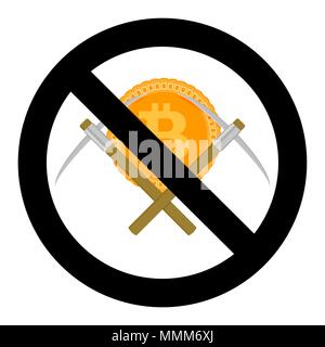 Ban on mining cryptocurrency bitcoin of symbol. Vector ban and prohibited btc and pick-axe, no mining badge illustration Stock Vector