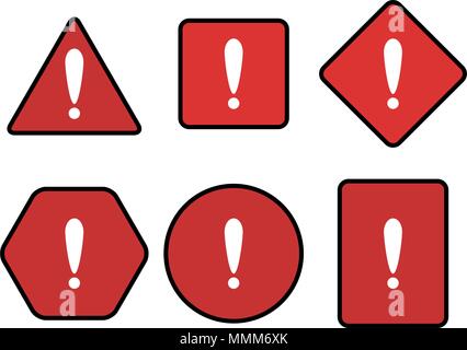 Exclamation and warning red symbol set. Attention exclamation sign risk, triangle safety, caution security, vector illustration Stock Vector