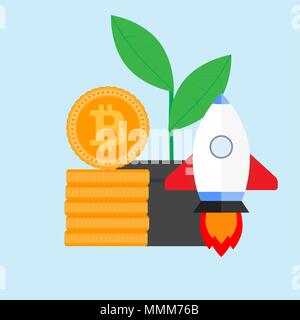 Ico and start up crypto project. Bitcoin and ico, money financial profit, btc e-business, vector illustration Stock Vector