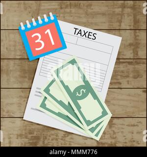 Tax pay day. Banknote and calendar. Vector wood table view, document accounting, money payment illustration Stock Vector