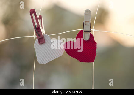 Two homemade hearts on line in front of nature Stock Photo