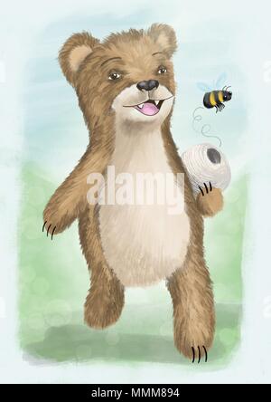 A happy bear carrying a beehive followed by a bee Stock Photo