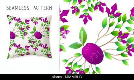 A set of summer seamless multicolor fruit and flowers patterns, demonstrated on textile pillow. Can be used for embroidery, print or silkscreen on fab Stock Vector