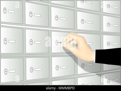 deposit boxand hand human hand opening deposit box with key Stock Vector