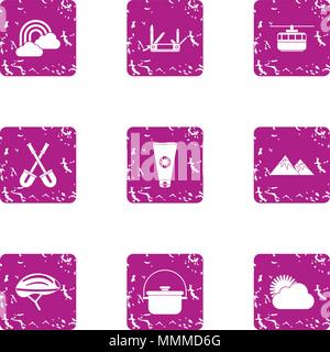 Mountain adventure icons set, grunge style Stock Vector
