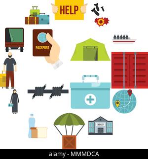 Refugees problem set flat icons Stock Vector