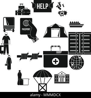 Refugees problem icons set, simple style Stock Vector