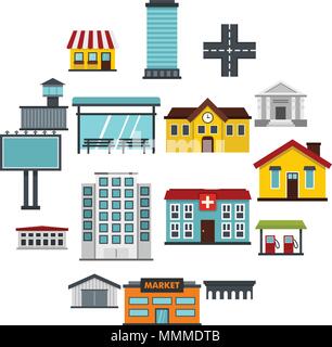 City infrastructure items set flat icons Stock Vector