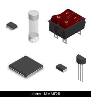 Set of different active and passive electronic components isolated on white background. Resistor, capacitor, diode, microcircuit, fuse and button. 3D  Stock Vector