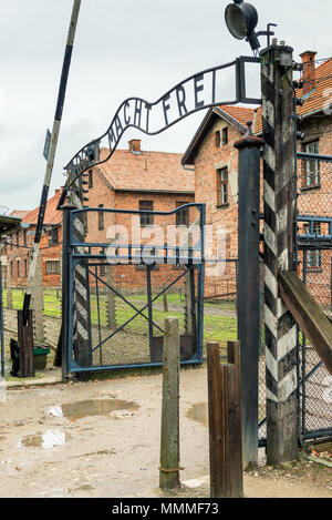 Auschwitz, Poland - August 12, 2017: entrance to the concentration camp of Auschwitz Stock Photo