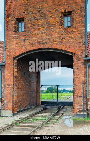 Auschwitz, Poland - August 12, 2017: gates and railroad entering the Auschwitz Birkenau concentration camp Stock Photo