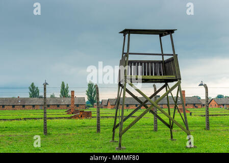 Auschwitz, Poland - August 12, 2017: tower for the soldier concentration camp Auschwitz Birkenau Stock Photo