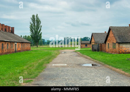 Auschwitz, Poland - August 12, 2017: brick hut in Auschwitz Birkenau concentration camp Stock Photo