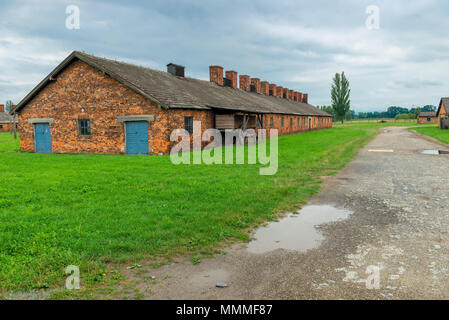 Auschwitz, Poland - August 12, 2017: view of a brick hut in Auschwitz Birkenau concentration camp Stock Photo