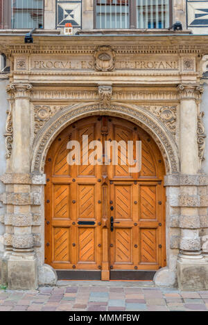beautiful wooden door close-up in the building Stock Photo