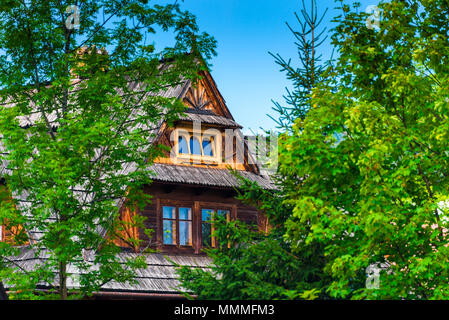 wooden house among the trees on a sunny day, blue sky Stock Photo