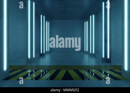 3d rendering of concrete room with pillars and blue light panels above hazard floor pattern Stock Photo