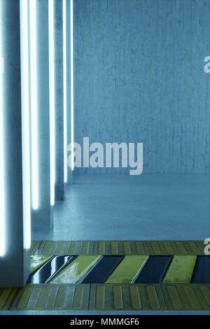 3d rendering of concrete room with pillars and blue light panels above hazard floor pattern Stock Photo