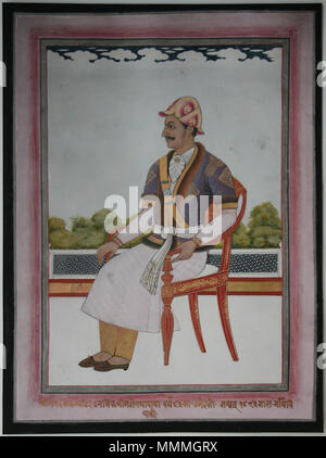 . English: Miniature portrait painting of Prime Minister Bhimsen Thapa (1775-1839) of Nepal, dated 1839, Nepal. Opaque watercolour with tooled gold on wasli. Size: 32.7 x 24.8cm. The inscription reads (transliteration and translation) as shri janaral kamandar in cheef bheem sen thapa ka 63 varshko samwat 1896 saal maa khaichiya ko (Shri General Commander-in-chief Bhimsen Thapa, aged 63 years, painted in Samwat 1896 [1839 AD]). The title given to him, instead of prime minister, refers to his position when declaring war on the British as commander-in-chief. This portrait produced in the year of  Stock Photo