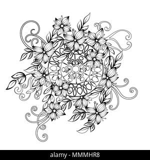 Floral pattern in black and white color. Adult coloring book page with flowers and mandala. Art therapy, anti stress coloring page. Hand drawn vector illustration Stock Vector