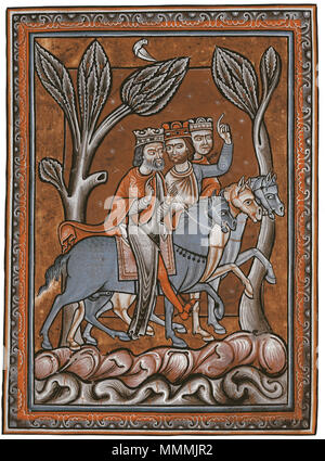 . English: Illustration from a Psalter from northern England c. 1170–5, showing the Three Wise Men of the Christian Nativity story on their way to Bethlehem  . 2 March 2012. Anonymous 12thcPsalter3Kings Stock Photo