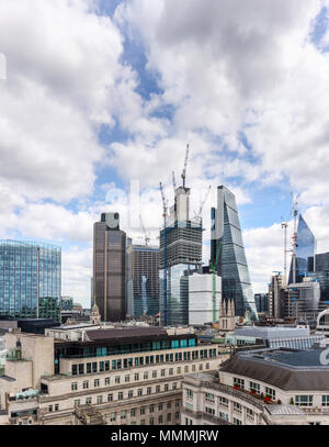 City of London financial district changing skyline: Stock Exchange Tower, Tower 42, 22 and 100 Bishopsgate, Cheesegrater, Lloyds Building and Scalpel Stock Photo