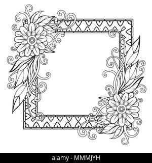 Flowers decorative frame. Isolated on white background. Floral monochrome ornament. Design element with space for your text. Black and white vector illustration. Stock Vector