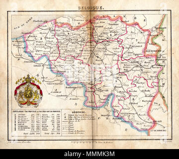 . English: Map of Belgium, c. 1850-60 (certainly pre-1870). Borders with the Netherlands, France and Prussia marked and population given in table at bottom.  . 15 December 2013, 13:35:06. Unknown. Signed P. Coppens. 79 Belgium c.1850-60 Stock Photo