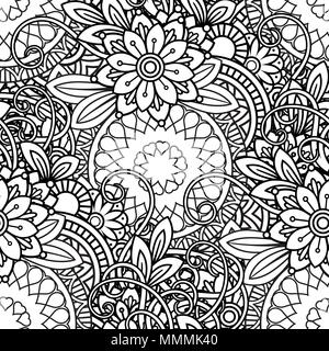 Hand drawn seamless pattern with leaves and flowers. Doodles floral ornament. Black and white decorative elements. Perfect for wallpaper, adult coloring books, web page background, surface textures. Stock Vector