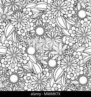 Hand drawn seamless pattern with leaves and flowers. Doodles floral ornament. Black and white decorative elements. Perfect for wallpaper, adult coloring books, web page background, surface textures. Stock Vector