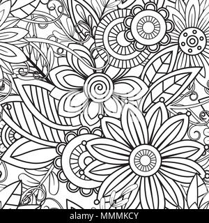 Hand drawn seamless pattern with leaves and flowers. Doodles floral ornament. Black and white decorative elements. Perfect for wallpaper, adult coloring books, web page background, surface textures. Stock Vector