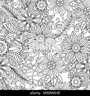 Hand drawn seamless pattern with leaves and flowers. Doodles floral ornament. Black and white decorative elements. Perfect for wallpaper, adult coloring books, web page background, surface textures. Stock Vector