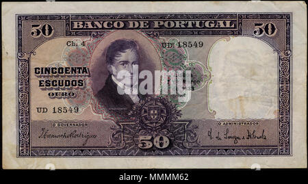 . English: Banknotes of Portugal 50 Escudos banknote of 1933, Manuel Borges Carneiro.  . 12 March 2012, 13:55:40. Bank of Portugal 70 Banco de Portugal 50 Escudos banknote of 1933, Manuel Borges Carneiro. Stock Photo