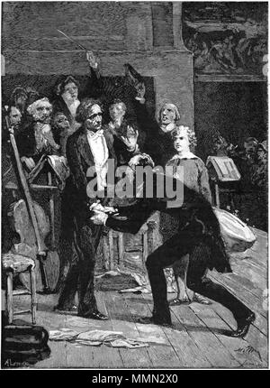 . English: Caption: 'The 16th of December 1838 at the Conservatory: Berlioz and Paganini. Sketch of the picture prepared by Adolphe Yvon, at the request of Édouard Alexandre (1884).' The incident occurred after a performance of Harold en Italie.  . 1888 (publication). A. Lepere (?), engraving (?) 81 Berlioz and Paganini from Julien 1888 p137 Stock Photo