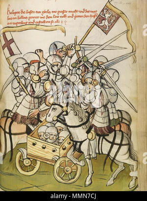 . English: Eberhard Windeck: Das Buch von Kaiser Sigismund (Handschrift bei Sotheby's 7.7.2009, siehe http://www.handschriftencensus.de/9134), folio 140r, the battle of Kratzau, with Hans von Polenz (the captain of the Silesian army) and his forces overwhelming those of the Hussites and their armoured carriages in a bloody battle (11 November 1429) 103 Buch-kaiser-sigismund-L09740-26-lr-8 Stock Photo