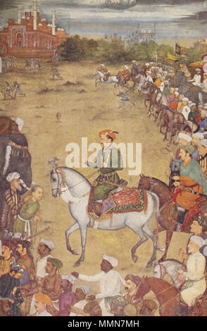 . Jahangir Receives a Prisoner, from the Jahangir-nama, c1620 Held by The Chester Beatty Library, Dublin: CBL In 34.5.  Jahangir was depicted by his painters, some of whom accompanied him on all his journeys, in every aspect of his life. In this picture he is riding, with a cavalcade of courtiers and attendants, many mounted on horses or elephants, and is passing orders on a bound prisoner who is bowing before him. A clue to the subject is afforded by the representation, in the background, of Akbar's tomb at Sikandra, near Agra. Jahangir visited this tomb, which is still standing, at least twi Stock Photo