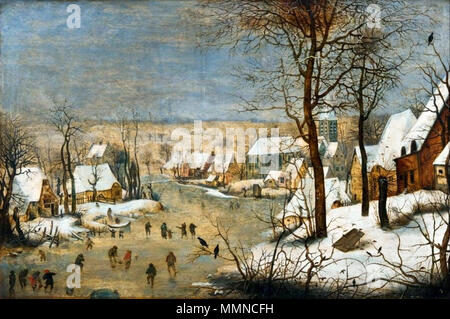 winter landscape with skaters and bird trap