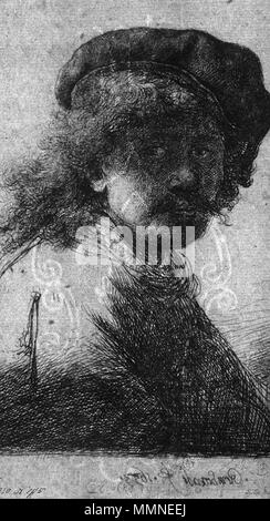 Self-portrait in a cap and scarf with watermark Basel crosier.. 1633. Rembrandt Watermark Stock Photo